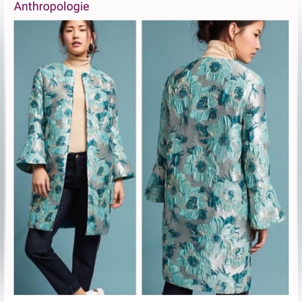 Anthropologie "Seen Worn Kept" teal and gold Ornate Jacquard jacket, size 4
